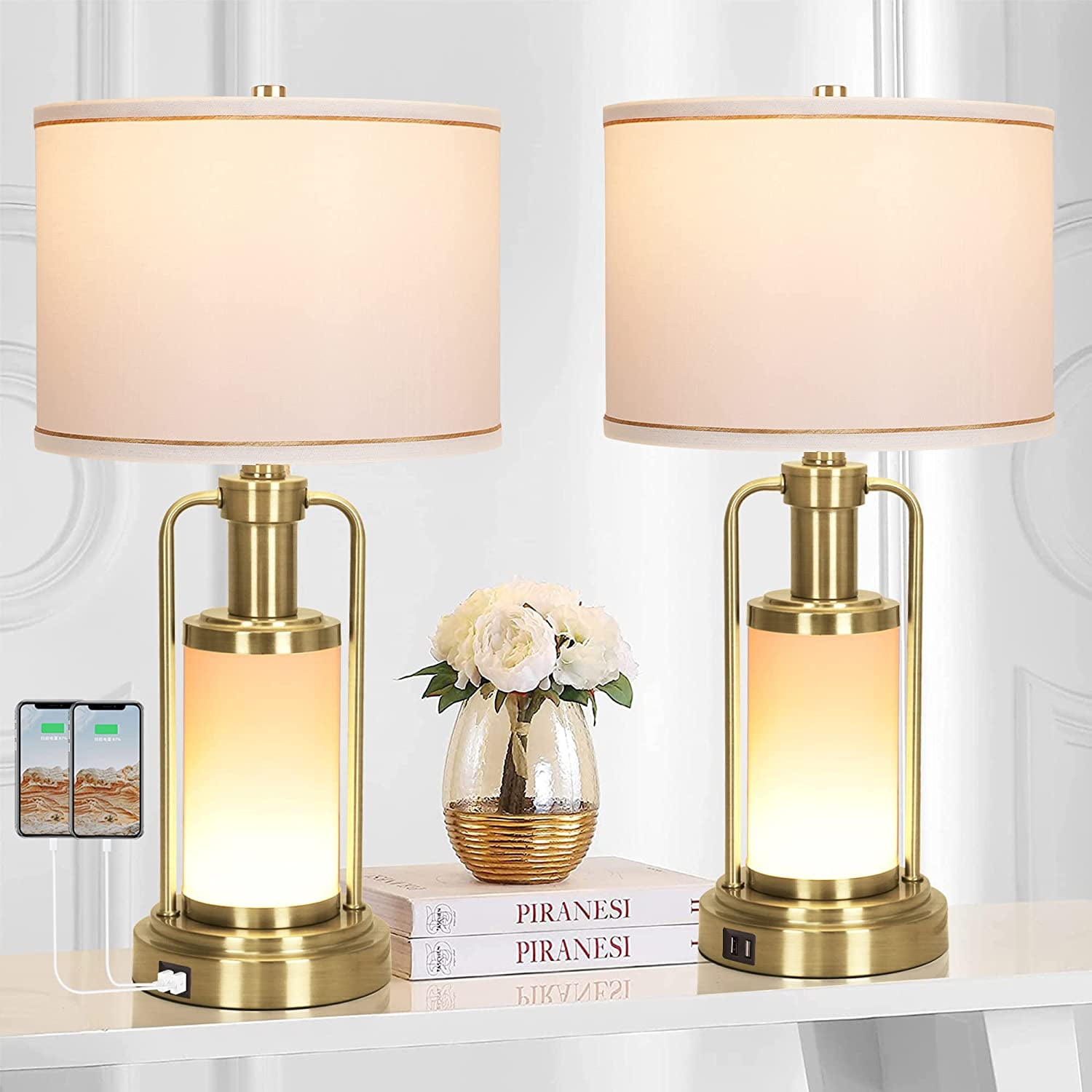 Set of 2 Gold Metal Table Lamps with 2 USB Charging Ports for Living
