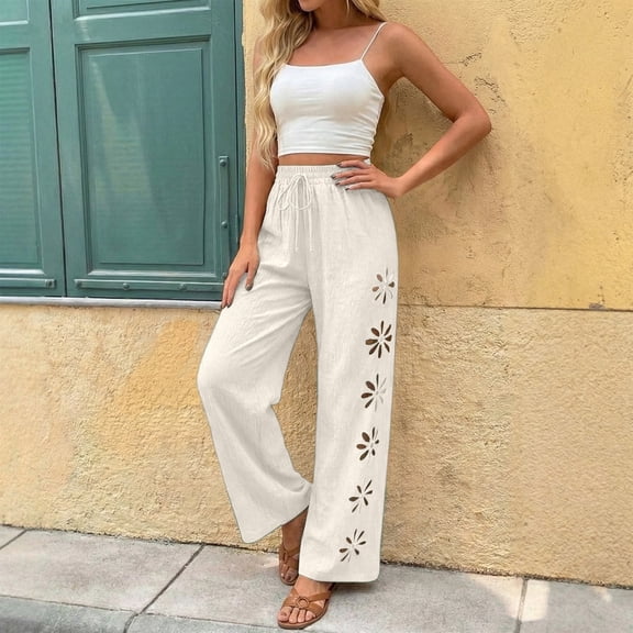 BUWTTER Womens Pants Casual High Waist Tied Drawstring Wide Leg Cropped Culottes with Breathable Cut Out Women Slacks Beige L