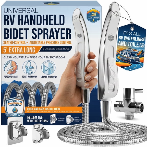 Clean Camper RV Handheld Bidet Sprayer – Stay-Seated Design RV Toilet Sprayer, Engineered for All RV Toilets, Backflow Preventer, Extra-Long 5' Hose & Adjustable Pressure