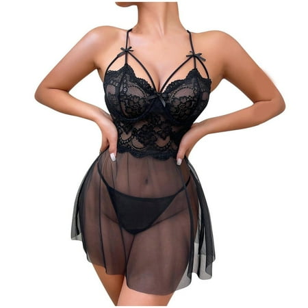 Tao Tao Fashion Babydoll Lingerie For Women Lace Mesh Chemise Side Slit Nightgown V Neck Sleepwear Plus Size Black L