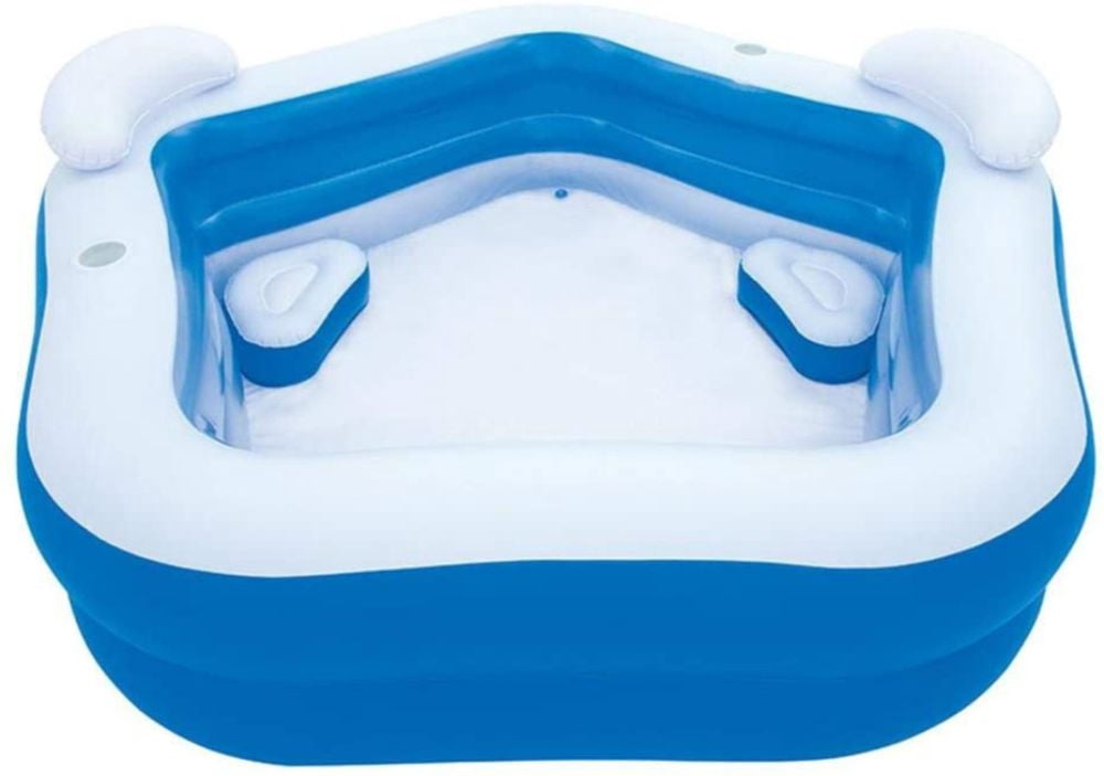 84"×82"×27" 2-Seat Inflatable Rectangle Pool, Family Paddling Pool with Headrest & Cup Holder, Waterproof Wear-Resistant Summer Water Lounge for Outdoor Garden Backyard, Blue