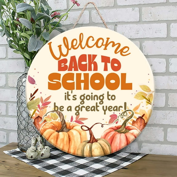Flagwix Back To School Sign, Round Wooden Teacher Sign, Classroom Decor, Teacher Gifts, Rustic Fall & Pumpkin Door Sign - 12 inches