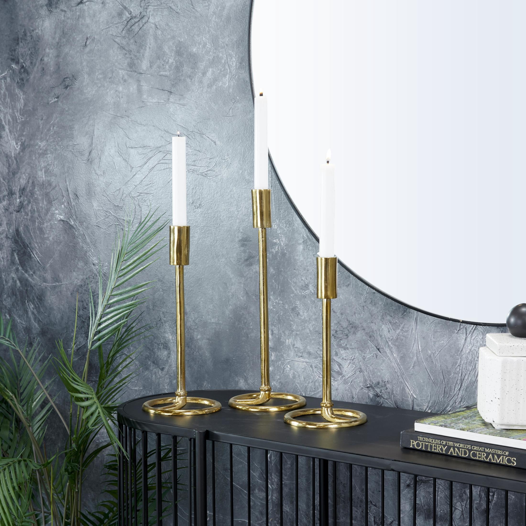 DecMode 3 Candle Gold Aluminum Metal Tapered Candle Holder with Ring Bases, Set of 3