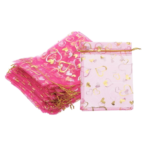 100 Pcs 5x7 Inch Heart Printed Organza Bags, Rose Red Sheer Bags for Christmas Jewelry Party Wedding Favor Gift