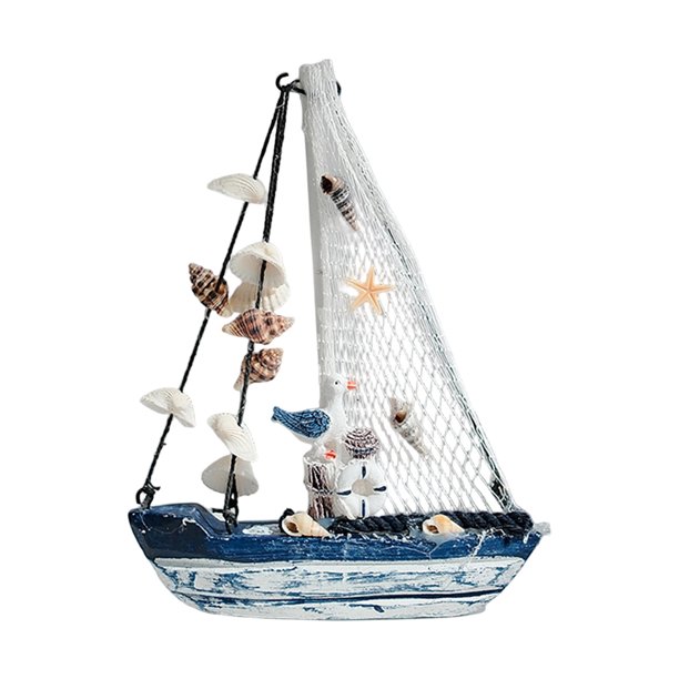 Modelo de velero de madera costero, figura rústica de barco náutico con concha y estrella de mar, adorno de mesa con temática playera y oceánica para sala de estar o dormitorio.