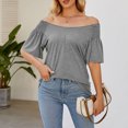 thumbnail image 2 of Top de verano para mujer, blusa holgada de manga corta con volantes, cuello redondo, hombros fruncidos, gris M, 2 of 6