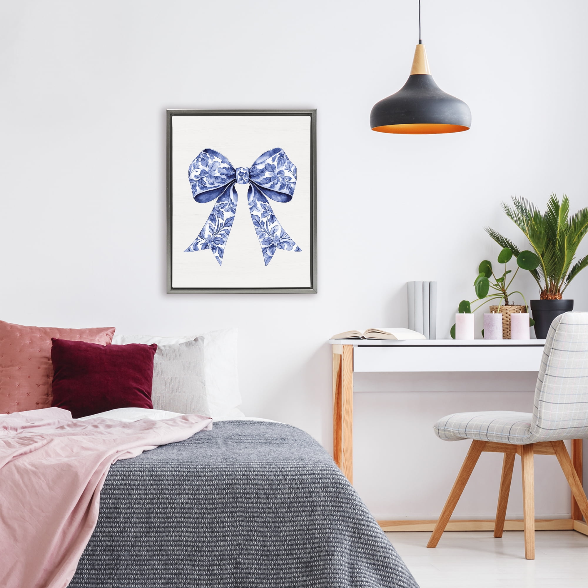 Vintage Toile Flower Ribbon Gray Framed Floater Canvas Wall Art, design by Lettered and Lined