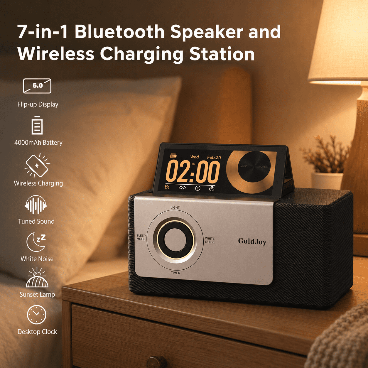 GoldJoy Flippable LCD Display Clocks, 7-in-1 Bluetooth Speaker, Wireless Charger, Sunset Lamp, White Noise, 4000mAh Battery