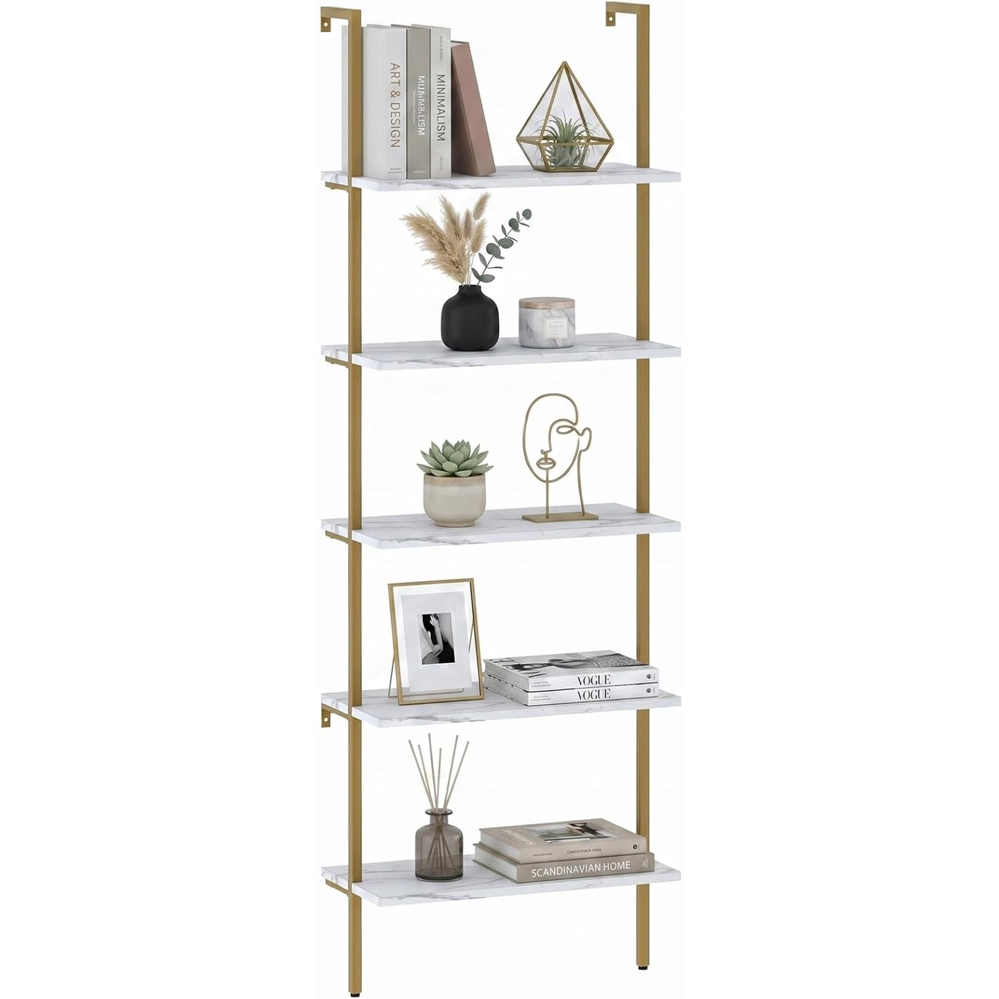 Ladder Shelf White Marble Bookshelf 5-Tier Wall-Mounted Wood Rack Industrial Modern Plant Flower Stand Utility Organizer Open Bookcase Metal Frame Furniture Office Kitchen Bedroom