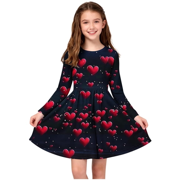 Girls Heart Print Long Sleeve Dress Fit and Flare A-Line Kids Valentines Day Dress Navy Blue Red Heart Party School Dress,Size 5-6 T