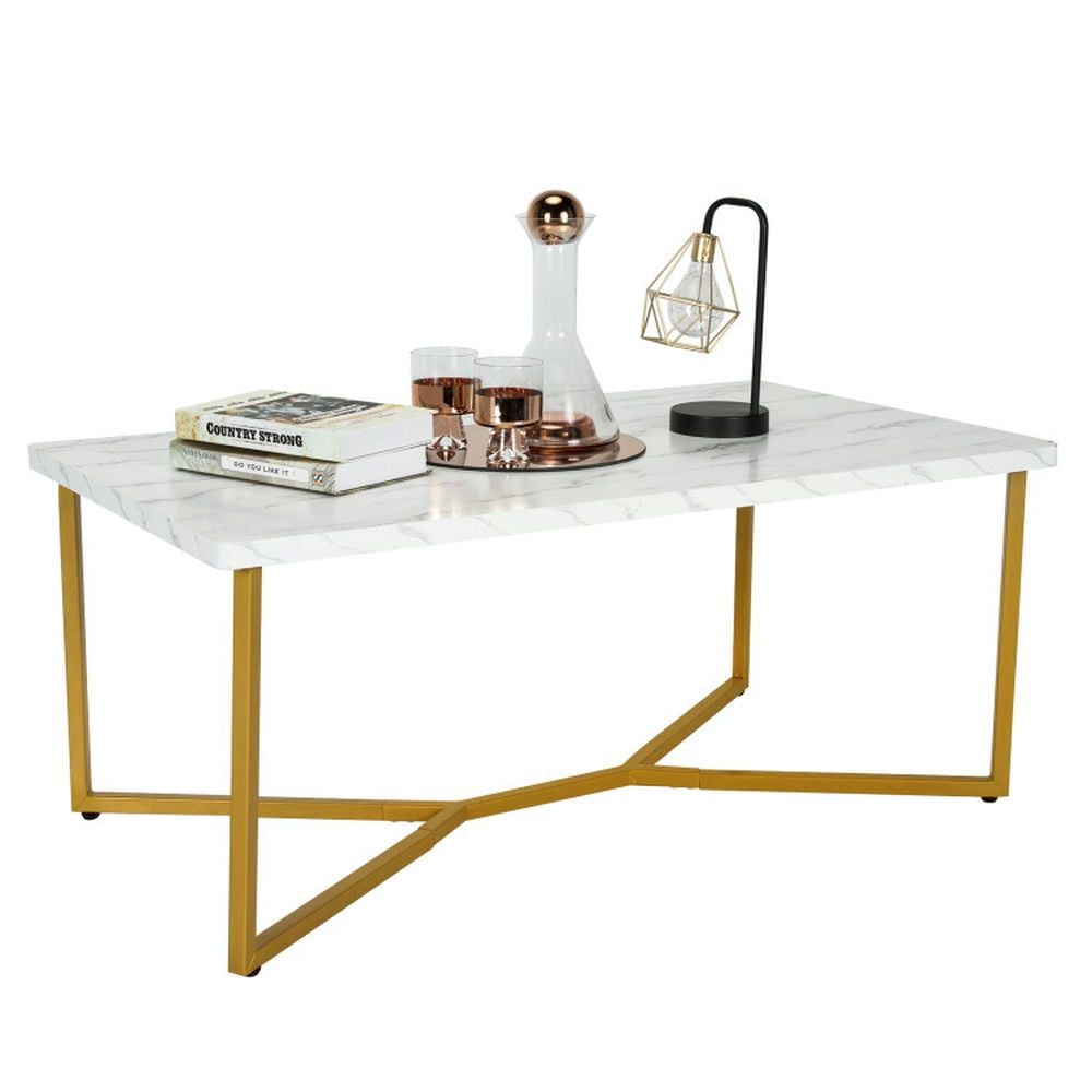 Finihen Coffee Table, Faux Marble Coffee Table with Gold Finished Metal Frame, for Living Room, Reception Room, White