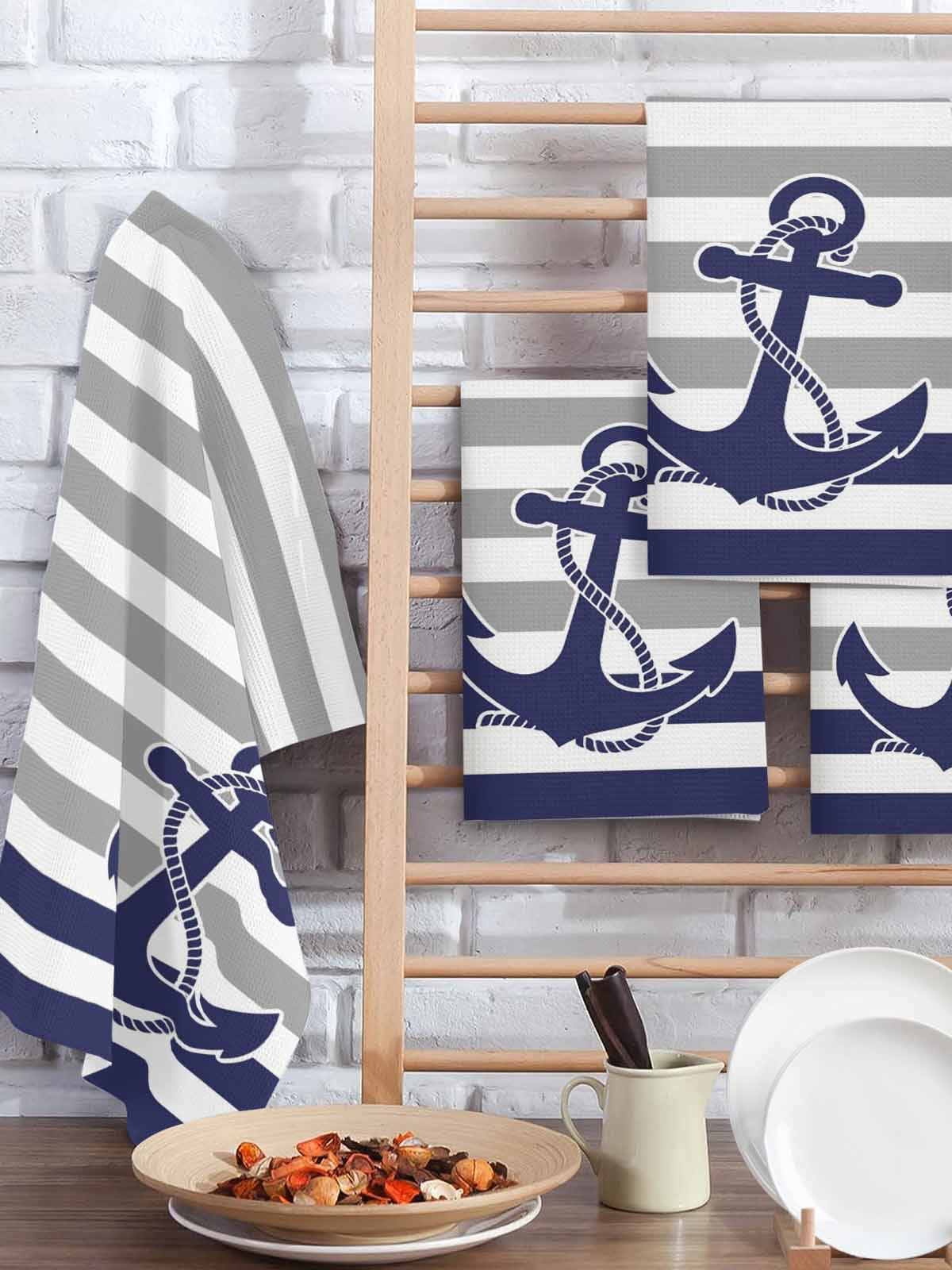 Anchor Gray Kitchen Dish Towels for Drying Dishes Set of 4, Modern Navy Blue White Striped Nautical Waffle Weave Microfiber Hand Tea Bathroom Towels Quick Dry & Absorbent Towel 15.7x23.6