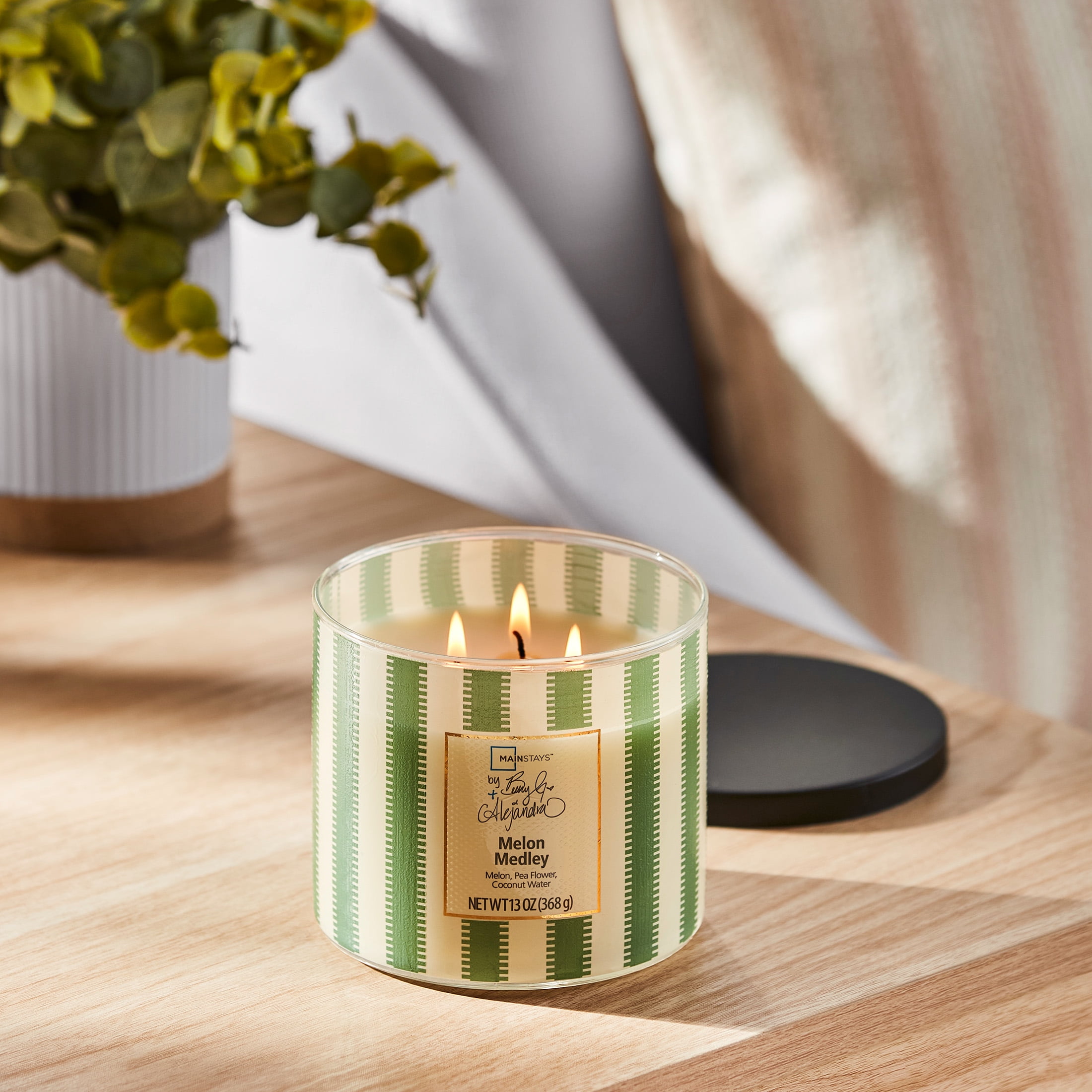 Mainstays by Becky G. & Alejandra 3-Wick Melon Medley Candle, Green Stripe, 13 oz