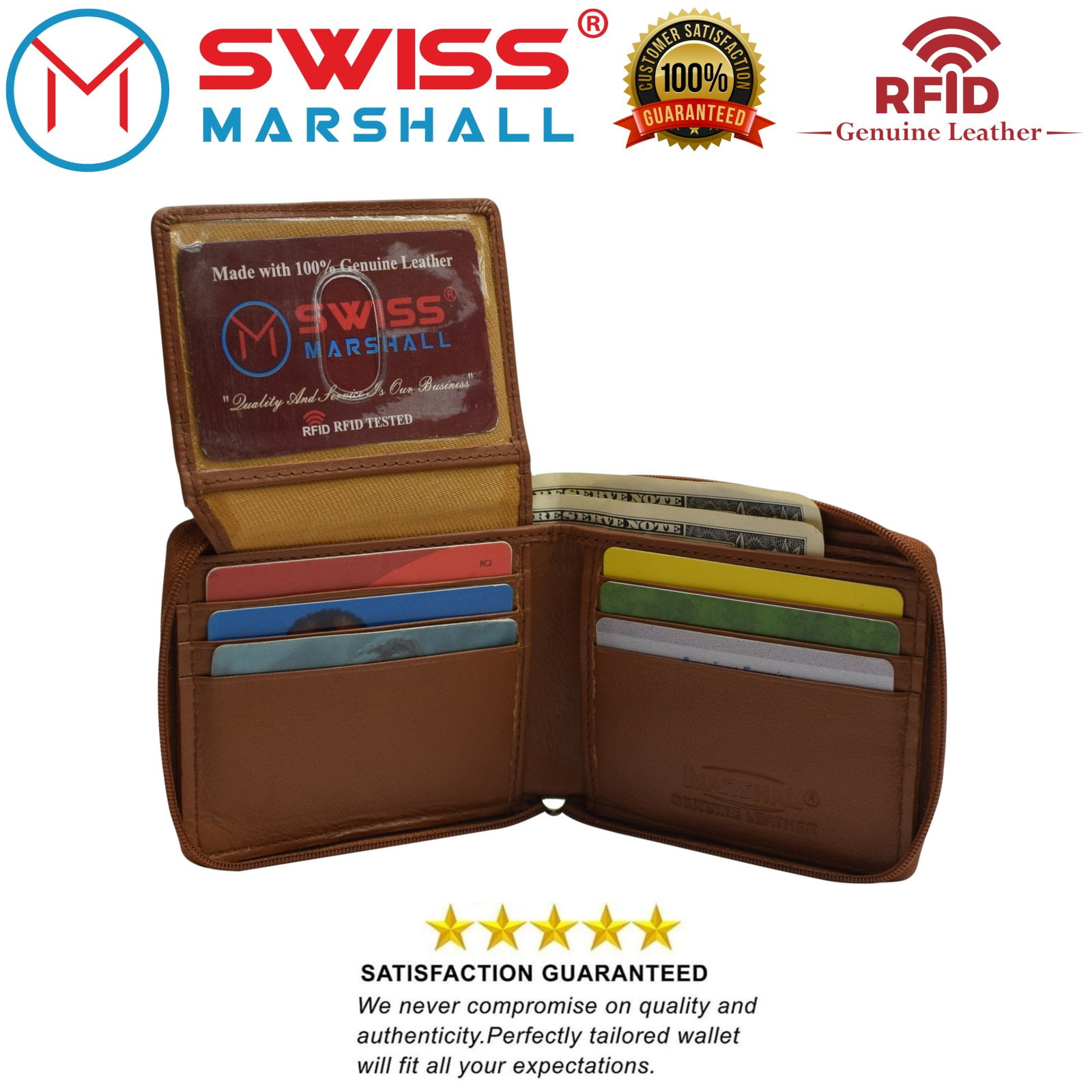 Marshal Wallet Men's Zipper RFID Blocking Premium Leather ZipAround