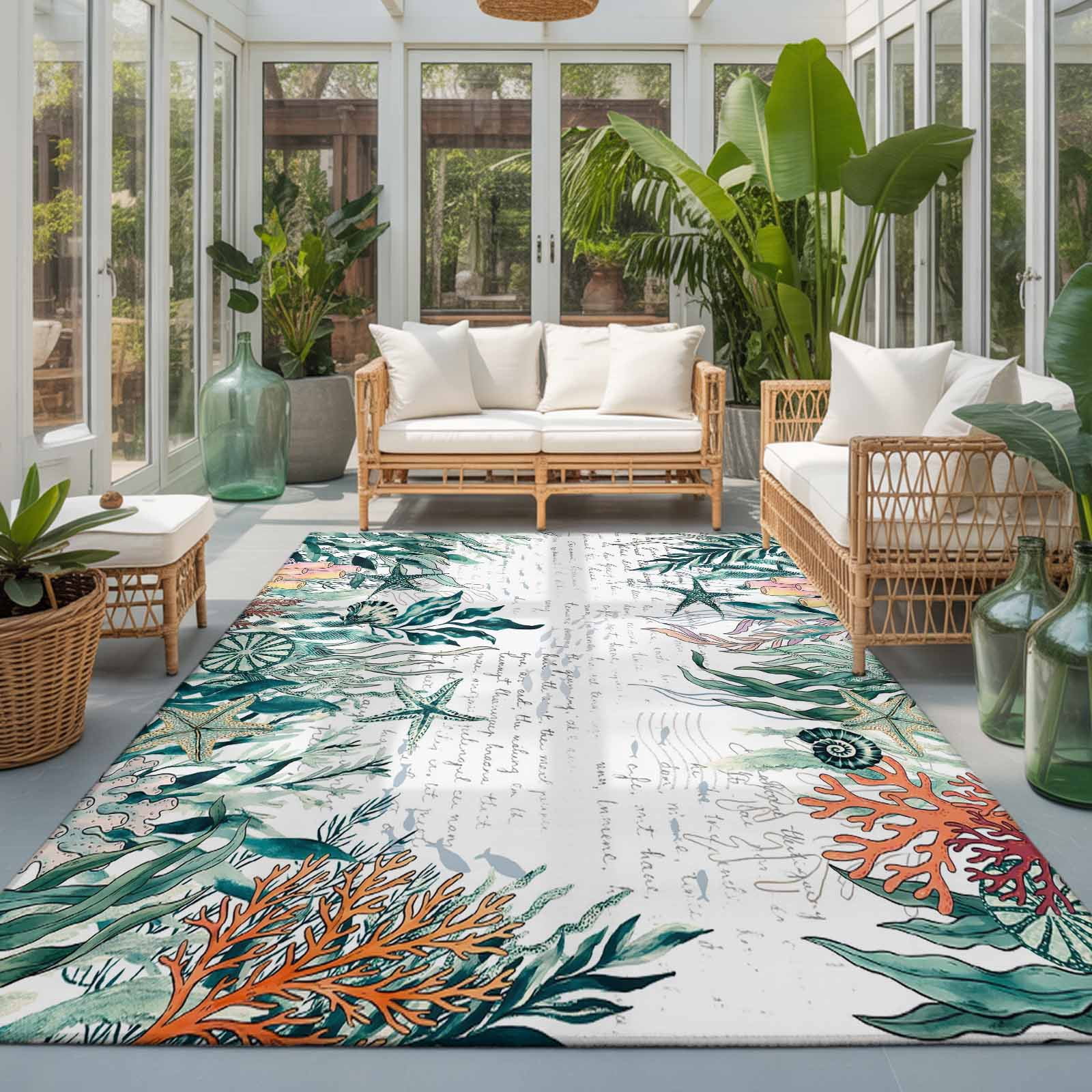 Area Rugs 3'x5', Coastal Green Seaweed Carpet Runner Indoor Outdoor Rugs Home Decor Aesthetic, Summer Beach Coral Starfish Retro Non Slip Mats Washable Accent Rug for Living Room Bedroom