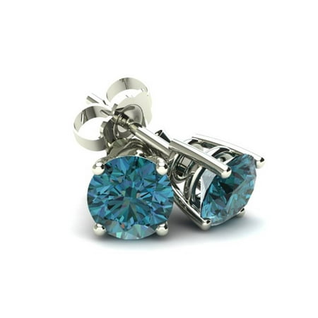 Cushion Cut Blue Topaz Earrings - 1/2Ct Round Brilliant Cut Heat Treated Blue Diamond Stud Earrings in 14K Gold Basket Setting