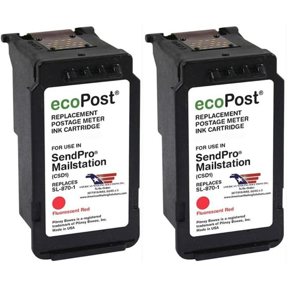 TRAHOO-INC. | 2-Pack | ecoPost Remanufactured Postage Meter Ink Cartridge for PB SL-870-1 | Red | for The SendPro Mailstation | 8 ML