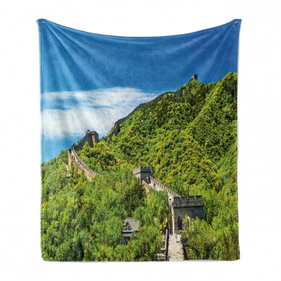 View Soft Flannel Fleece Throw Blanket, Old Chinese Building Area Panorama in Nature Exotic Scene, Cozy Plush for Indoor and Outdoor Use, 70" x 90", Turquoise Green, by Ambesonne