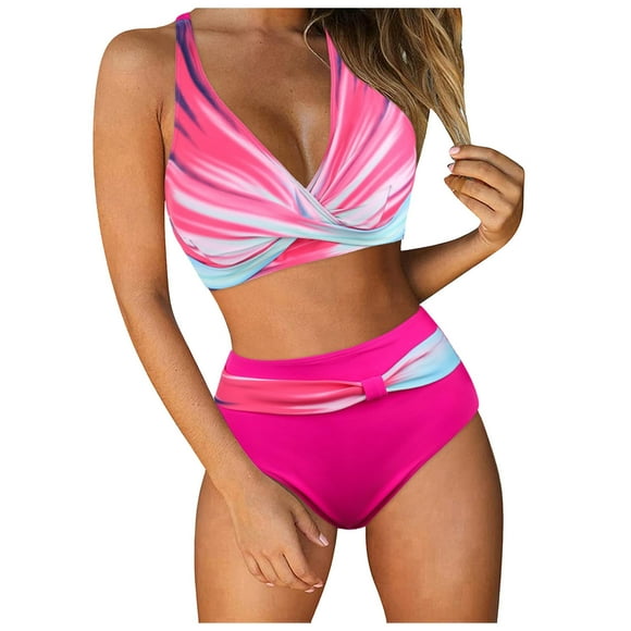 Huesdet Women's Ring Triangle Bikini Sets Two Piece Color Block Thong Swimsuit Cheeky String Bathing Suits(Hot Pink,L)