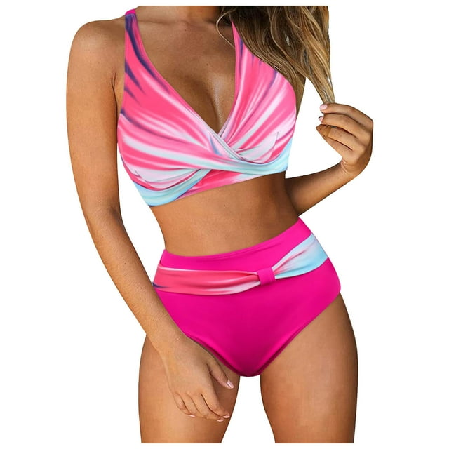 Women Sexy Push Up Tankini Set High Waisted Bikini Two Piece Swimwear Retro Ruched Print Swimsuit for Beach
