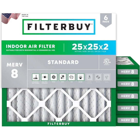 Filterbuy 25x25x2 Air Filter MERV 8 Dust Defense, Pleated HVAC AC Furnace Filter Replacement, 6-Pack