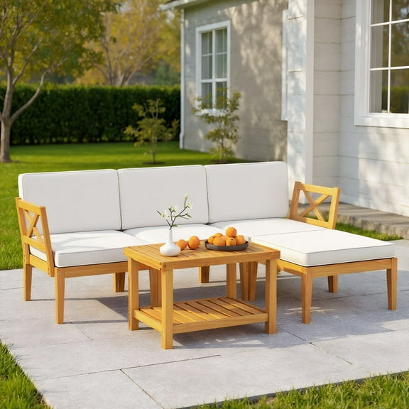 Resenkos Patio Furniture Sets,Outdoor & Patio Furniture Sets,5 Pieces Acacia Wood Patio Furniture Set with 2-Tier Coffee Table and Cushions-White