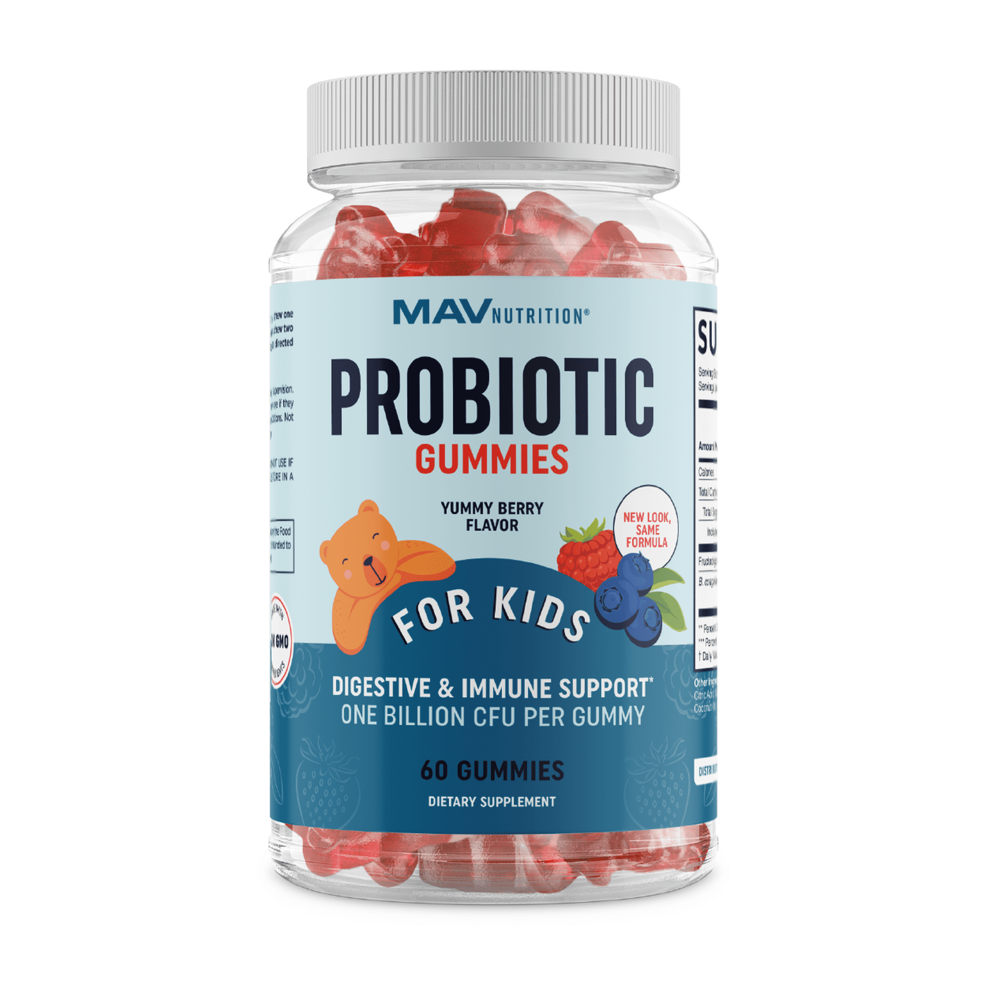 Kids Probiotic Gummies , 2 Billion Probiotics + 50mg Prebiotic Fiber for Immune , Digestion Support , Only 1g of Sugar Per Gummy , For Children Ages 2+ ,Gluten-Free, Non-GMO, Mixed Berry Flavor