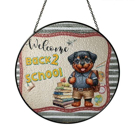 Welcome Rottweiler Back to School Vintage Retro Stained Glass Suncatcher Rottie Dog Lover Gifts Idea Window Hanging Sign Decor - 02012