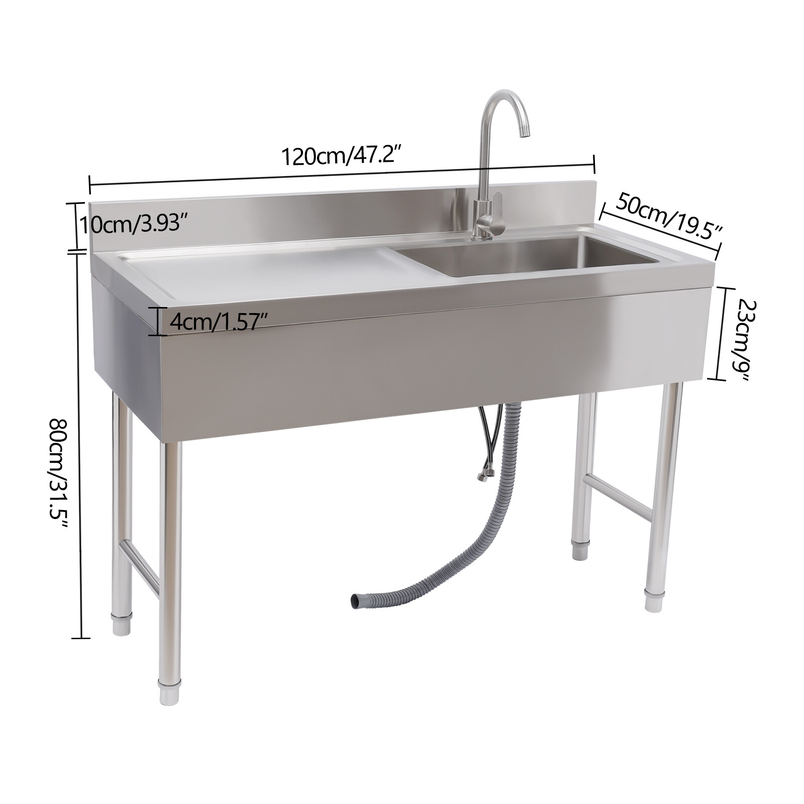 Freestanding Commercial Sink with Faucet, Single Bowl Stainless Steel Utility Sink for Kitchen, Laundry & Garage, Includes Faucet, Pipes & Adjustable Feet (47.2" X 19.6" X 31.5")