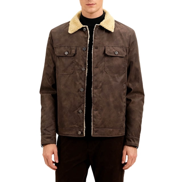 Ceisia Men's Vintage Stand Collar Button-Up Jacket Faux Shearling Collar Gift Casual Pocket Outerwear