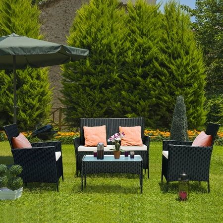 Costway 4 PC Outdoor Rattan Furniture Set Loveseat Sofa Cushioned Patio Garden