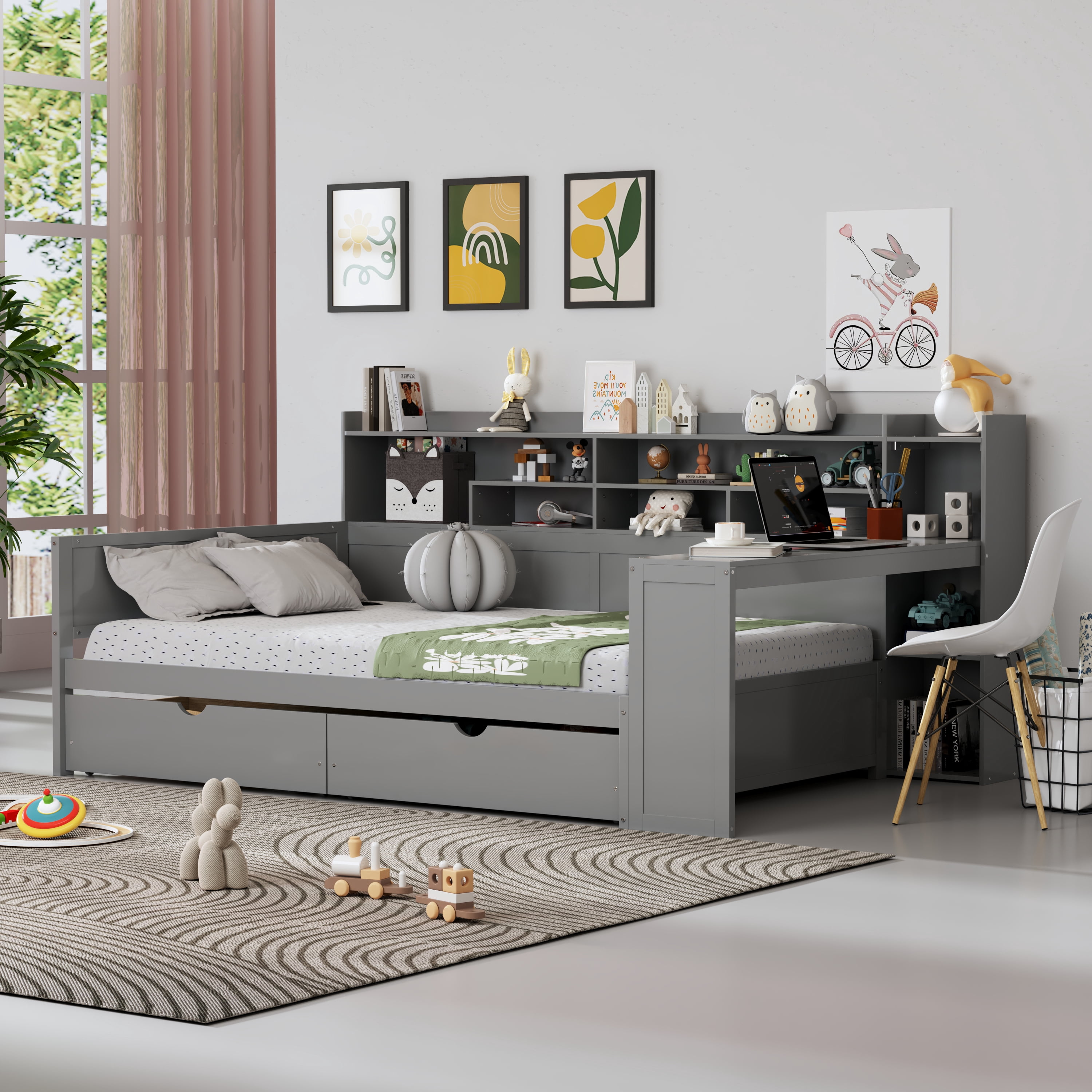 Euroco Wood Full Size Daybed with Storage Shelves Drawers and Desk, Gray