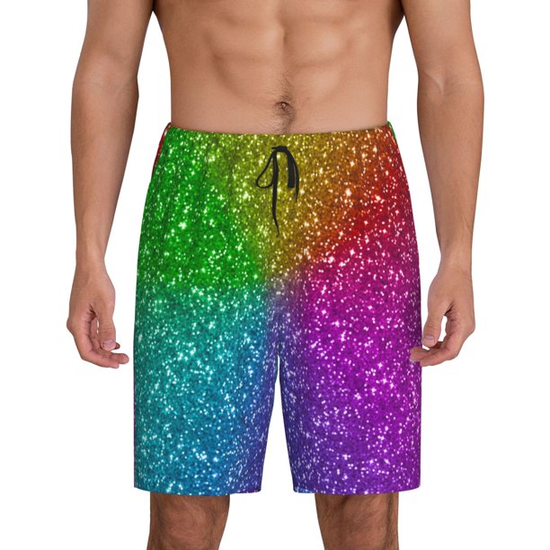 Balery Colorful Glitter Pantalones cortos de pijama de punto de algodón para hombre con cinturilla y bolsillos-Small