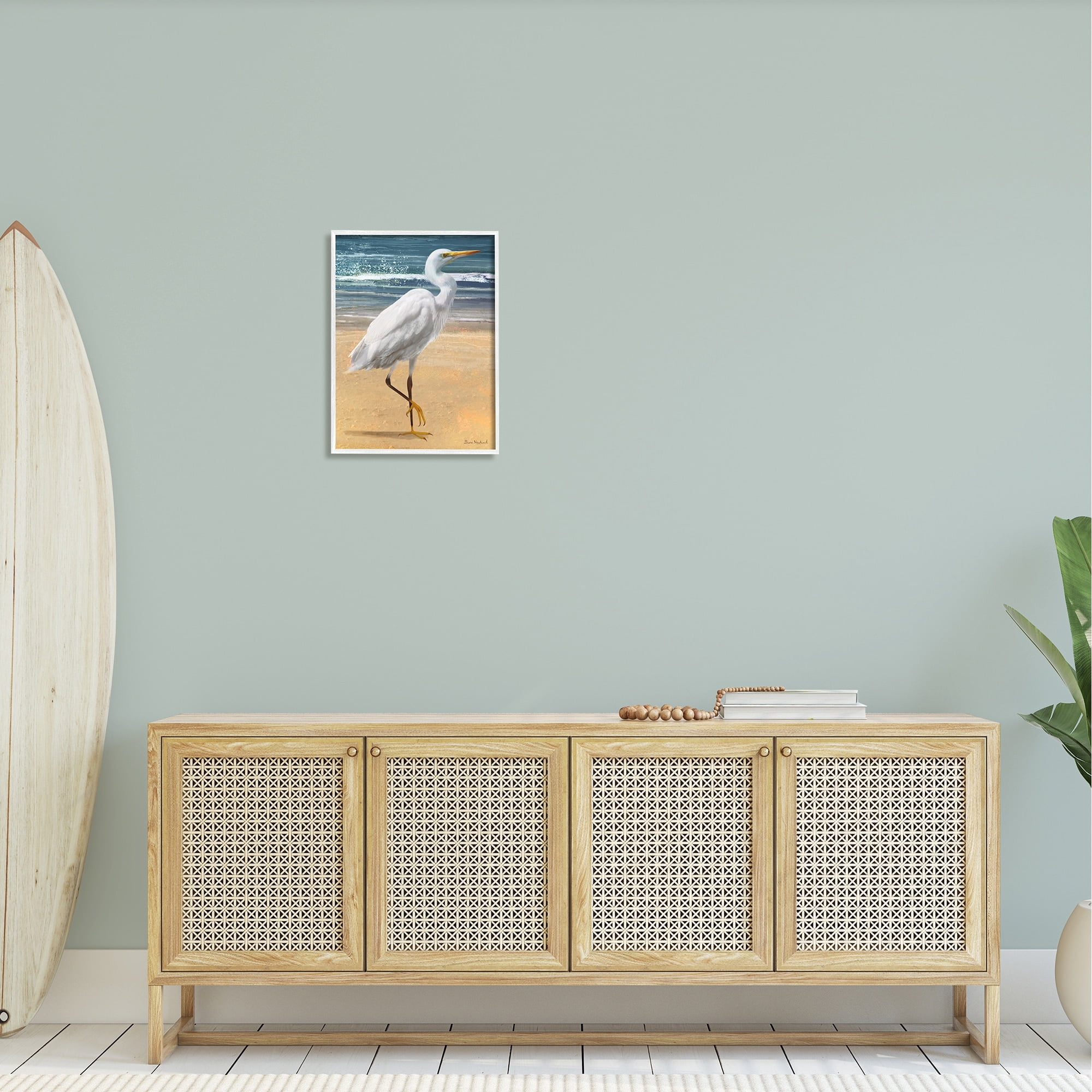 Stupell Industries White Heron Bird Standing Beach Shoreline Waves Painting White Framed Art Print Wall Art, Design by Diane Neukirch