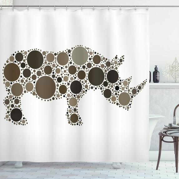 Wildlife Shower Curtain, Rhinoceros Silhouette Created with Multiple Diverse Dots Bubbles Illustration, Fabric Bathroom Set with Hooks, 69W X 75L Inches Long, Multicolor, by Ambesonne