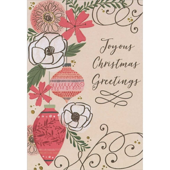 Designer Greetings Joyous Greetings Rose Colored Ornaments and White Flowers Package of 8 Christmas Cards