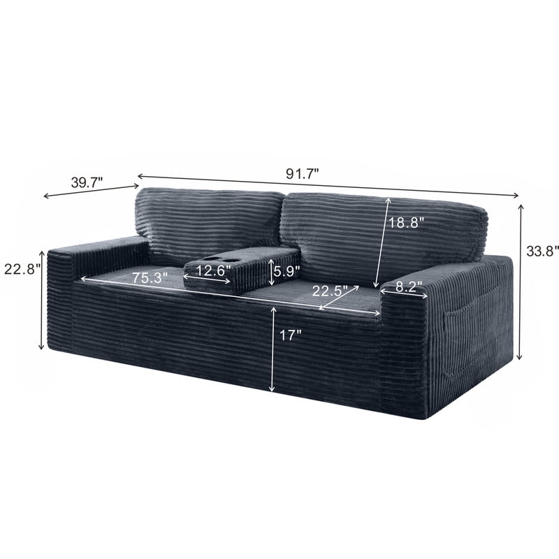 Compression Corduroy Floor Sofa No-Leg Couch, Loveseat with Built-in Cup Holders and Side Storage Pocket