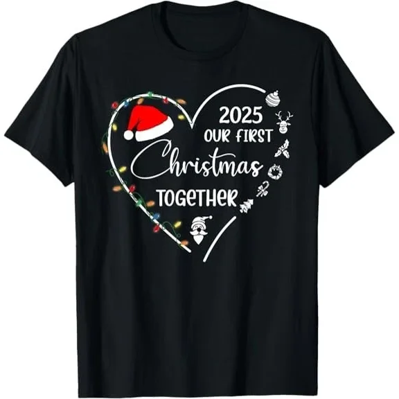 Our First Christmas 2025 Matching Couples Special Holiday Unisex T-Shirt, up to size 5XL