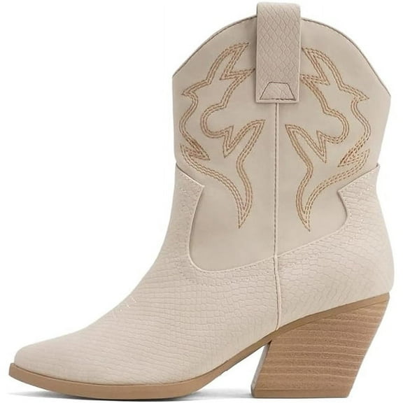 Soda “BLAZING” Women's Western Ankle Boots, Stitched, Pointed Toe, Low Heel - Cobra Nude - Size 10