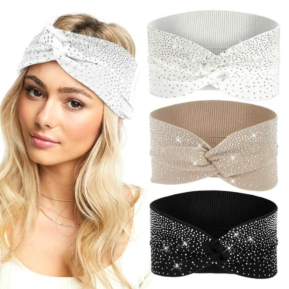 LinYooLi 3 Pcs Crystal Sparkly Headbands, Fancy Headbands Rhinestone Headband Elastic Bling Headbands Glitter Headbands Turban Headbands for Yoga & Running (White, Black, Khaki)