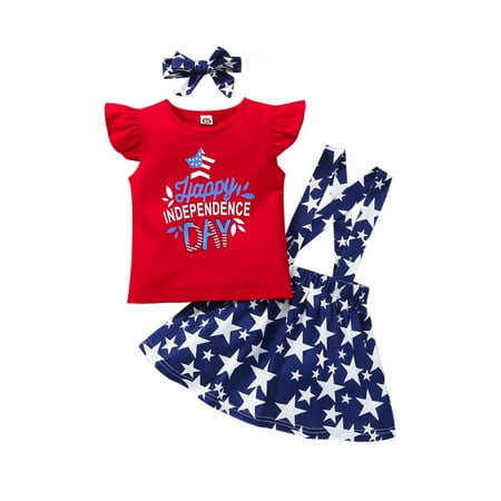 

Girl’s Skirt Three Piece Suit Unique Letter Fly Sleeve T-shirt and Stars Suspender Skirt with Headband