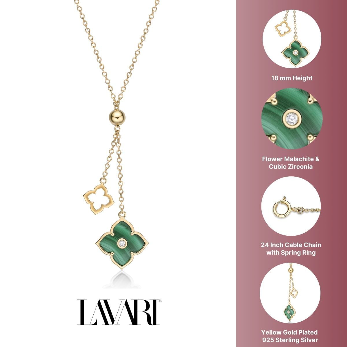 Malachite and Cubic Zirconia Double Flower Pendant Necklace for Women in 925 Sterling Silver with Yellow Gold Plating 16 to 18 Inches Adjustable Spring Ring by Lavari Jewelers