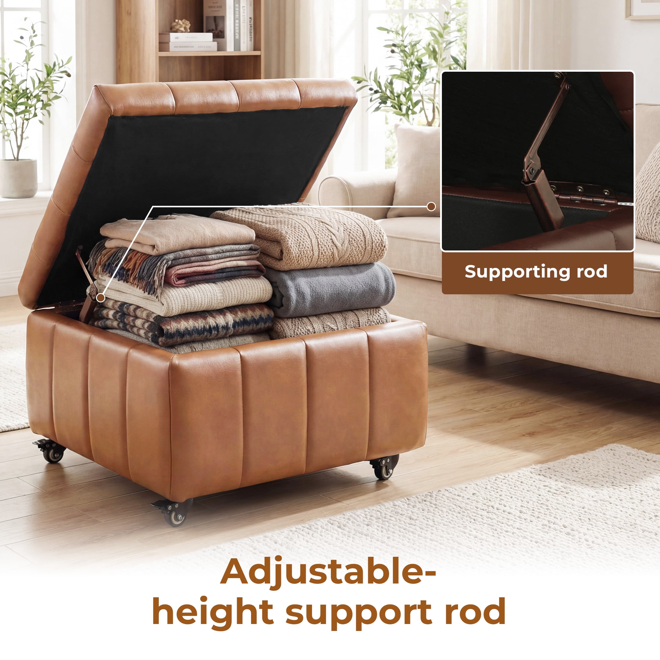Poshby Square Faux Leather Storage Ottoman, Coffee Table Footrest Stool with Pulley Legs for Living Room or Bedroom, Brown