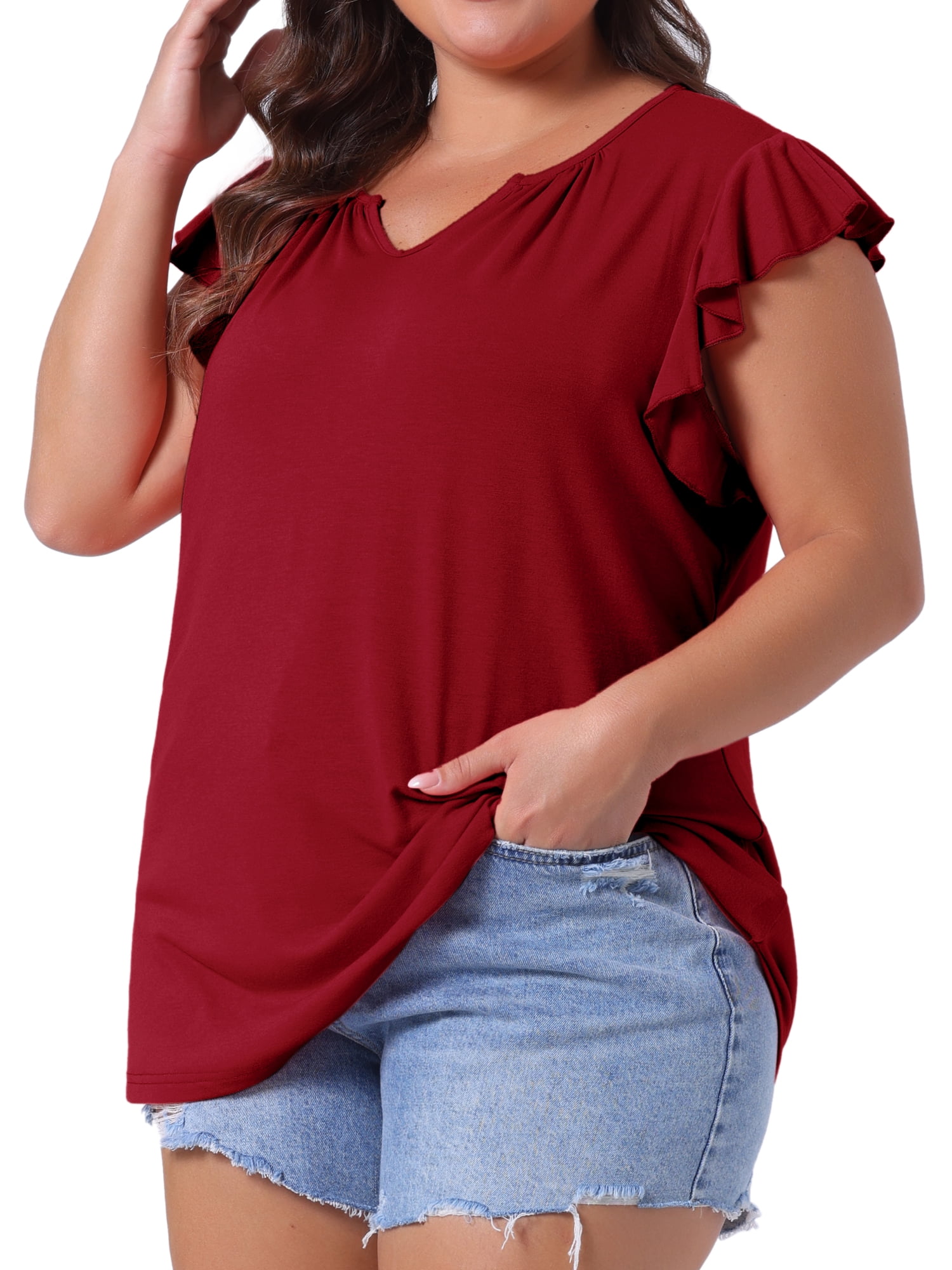 DARING DIVA Women's Plus Casual V Neck Ruffle Casual Top Blouse Tank Tops 4X Wine Red