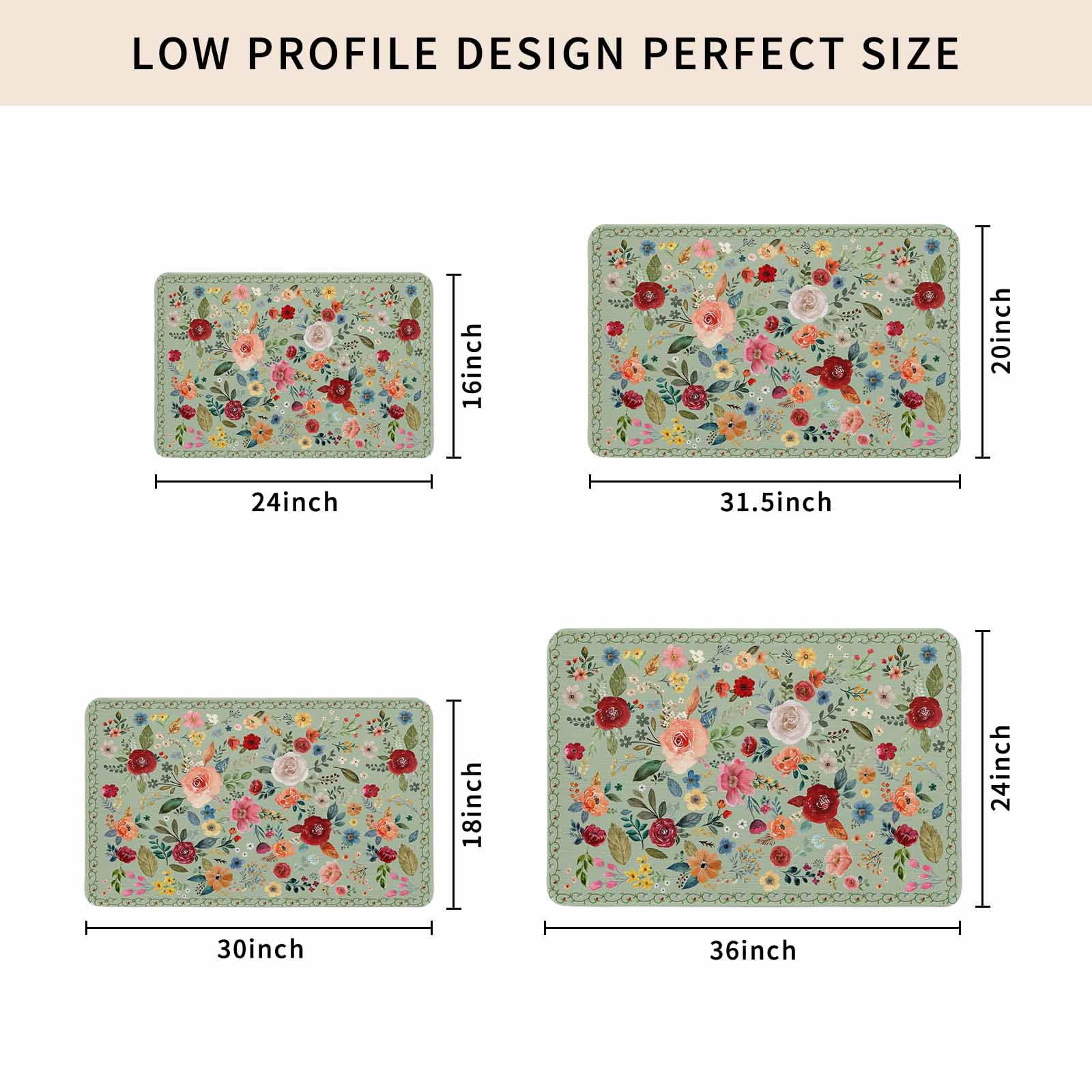 Sage Green Floral Doormat Outdoor Entrance 18"x30", Spring Flowers Leaves Farmhouse Absorb Moisture Dirt Door Mats, Non-Slip Rubber Backing Floor Mats Indoor, Low-Profile Front Door Rugs