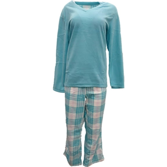 Womens Blue & White Pink Plaid Checker Print Fleece Pajamas Sleep Set X-Large