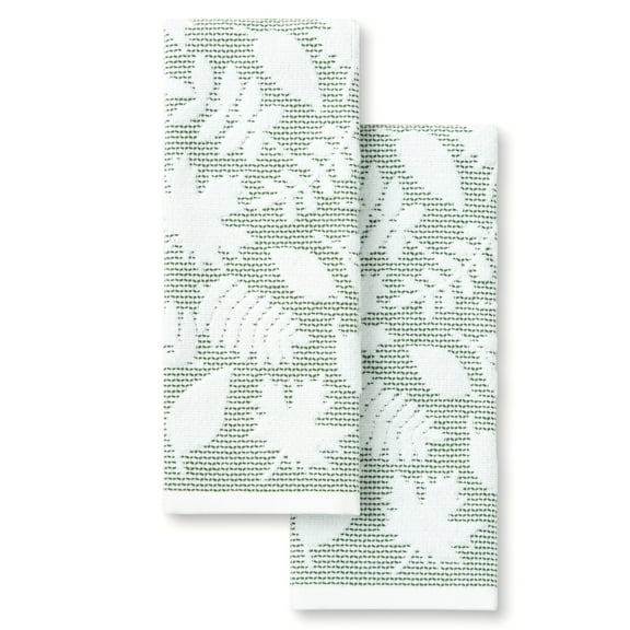 MARTHA STWEART Woodland Harvest Jacquard Leaves Kitchen Towel 2-Pack Set, 100% Cotton with Absorbent Honeycomb Texture, Decorative Kitchen Towels, Green, 16"X28"