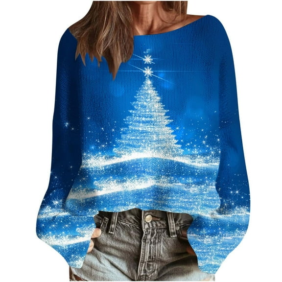 yardsong Christmas Sweater Tops for Women - Imitation Knitted Shirts Boat Neck Long Sleeve Xmas Tree Graphic Holiday Pullover Blue,L