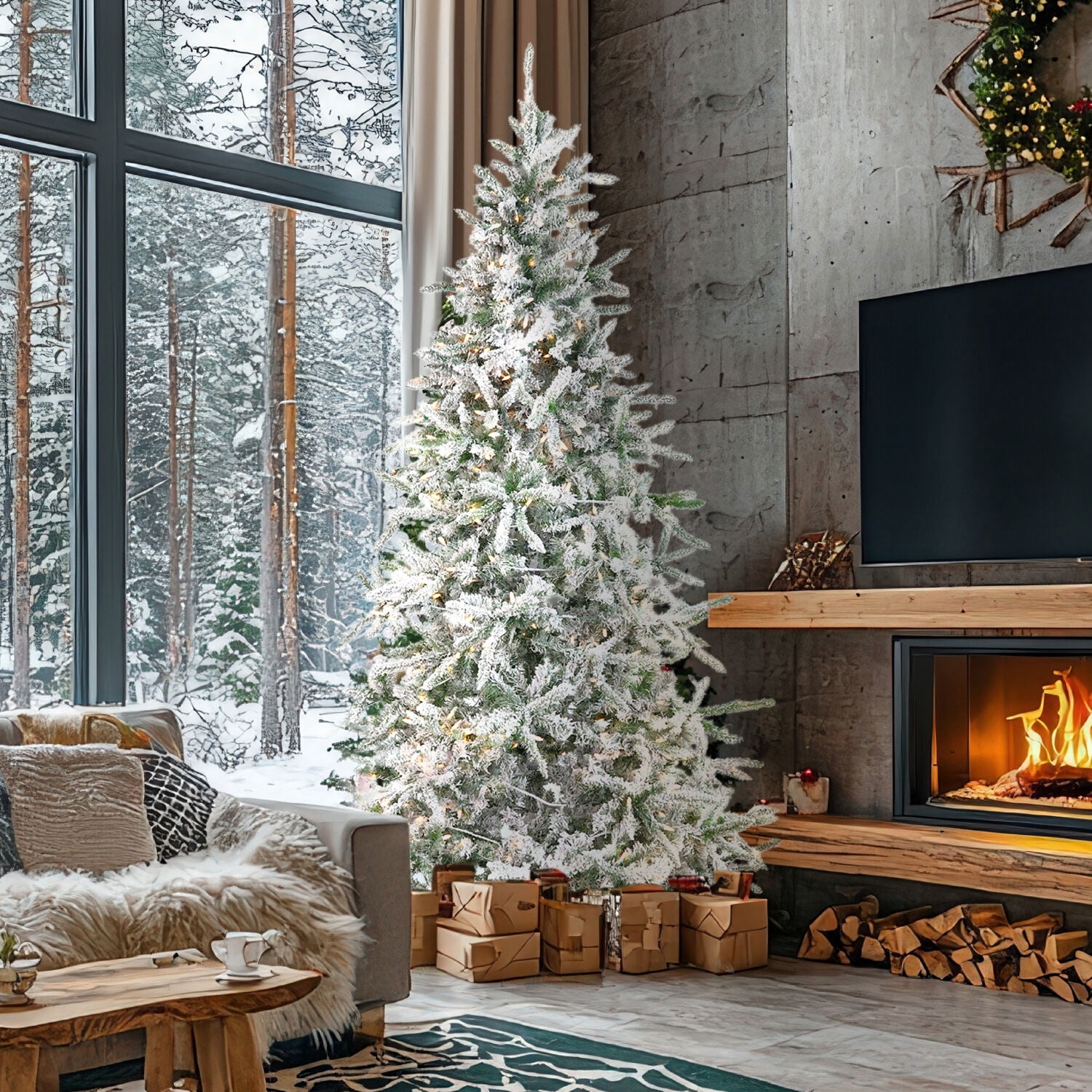 Fraser Hill Farm 10-Ft Flocked Mountain Pine Artificial Christmas Tree with White Incandescent Smart Lights, FFMP010-3SN