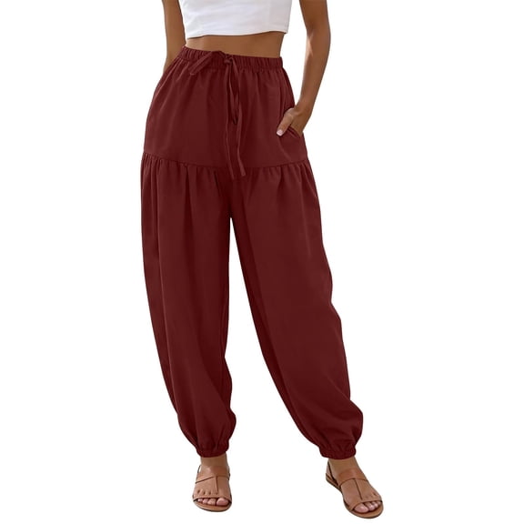 XFLWAM Womens Linen Harem Pants Elastic High Waist Drawstring Pleated Pants Loose Fit Baggy Casual Lounge Trousers with Pockets Wine Red XXL